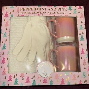Peppermint and Pine Scarf, Glove, and Mug Set - Cream and Pink